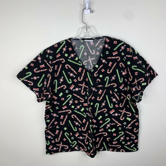 V Life Womens XL Black Christmas Theme Candy Cane Short Sleeve Scrub Top - Picture 1 of 6